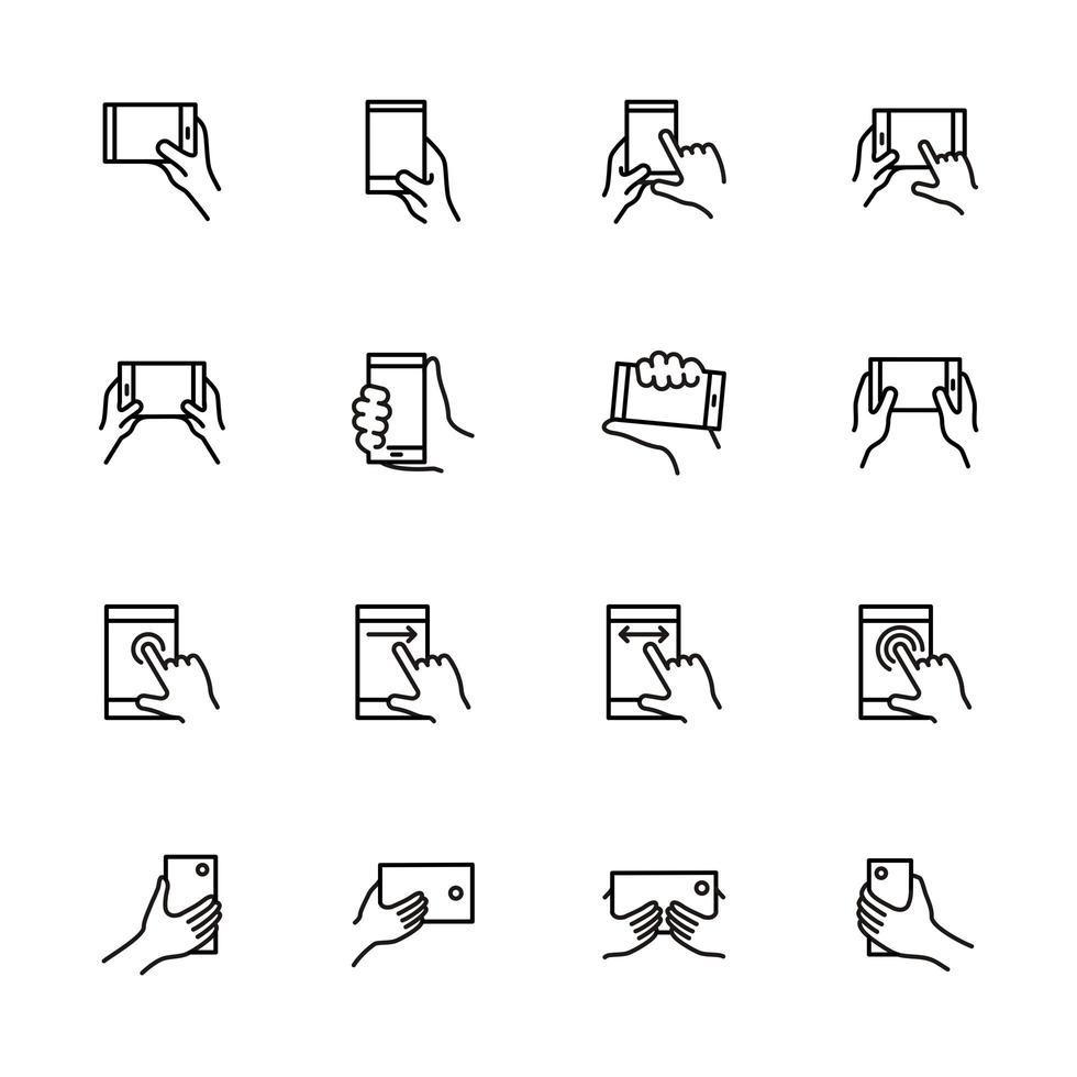 conjunto de iconos de línea de instrucciones de pantalla táctil de teléfono inteligente. vector