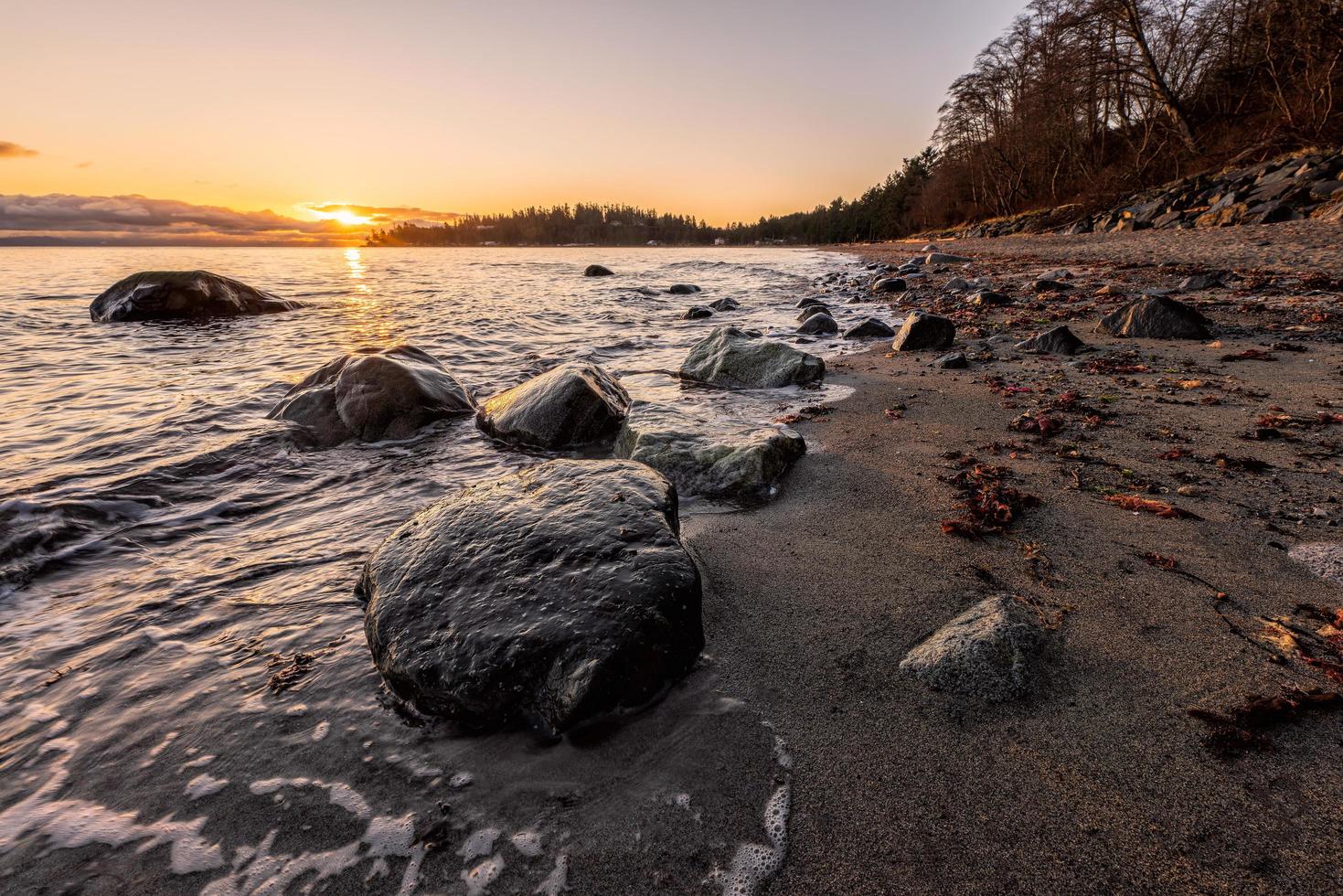 Gray rocks on seashore during sunset photo