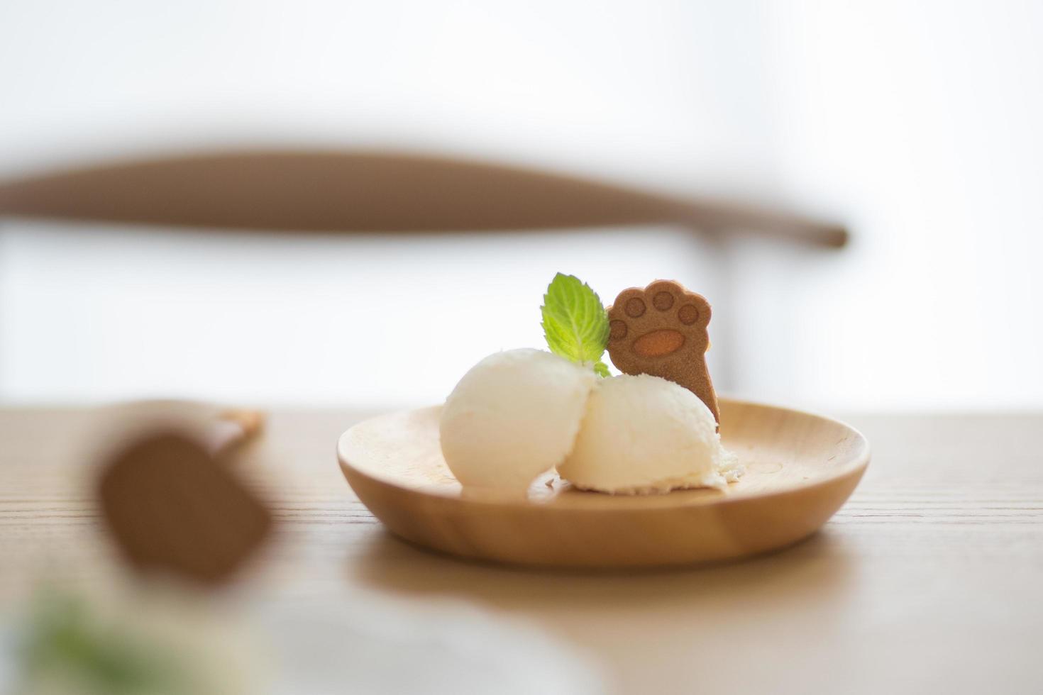 Ice cream on plate with a cookie in paw shape photo