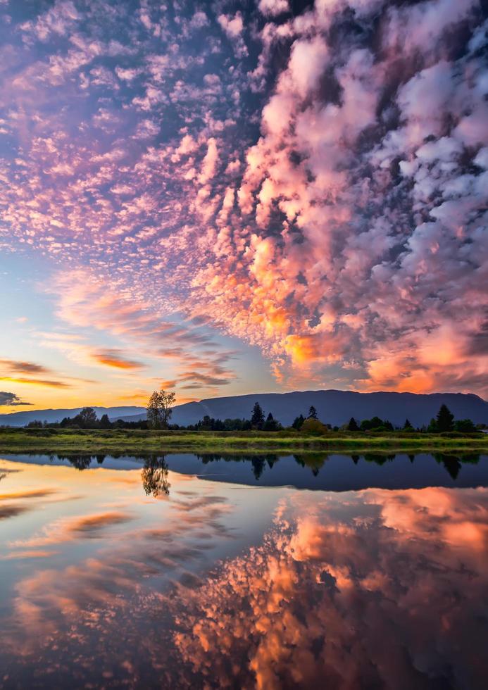 Cloud covered landscape at sunset photo