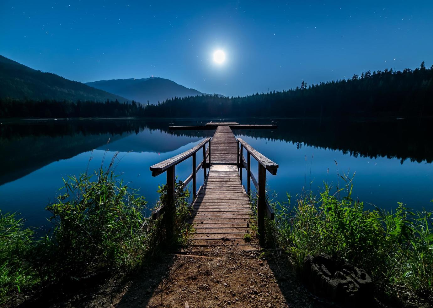 Moonlit dock on water photo