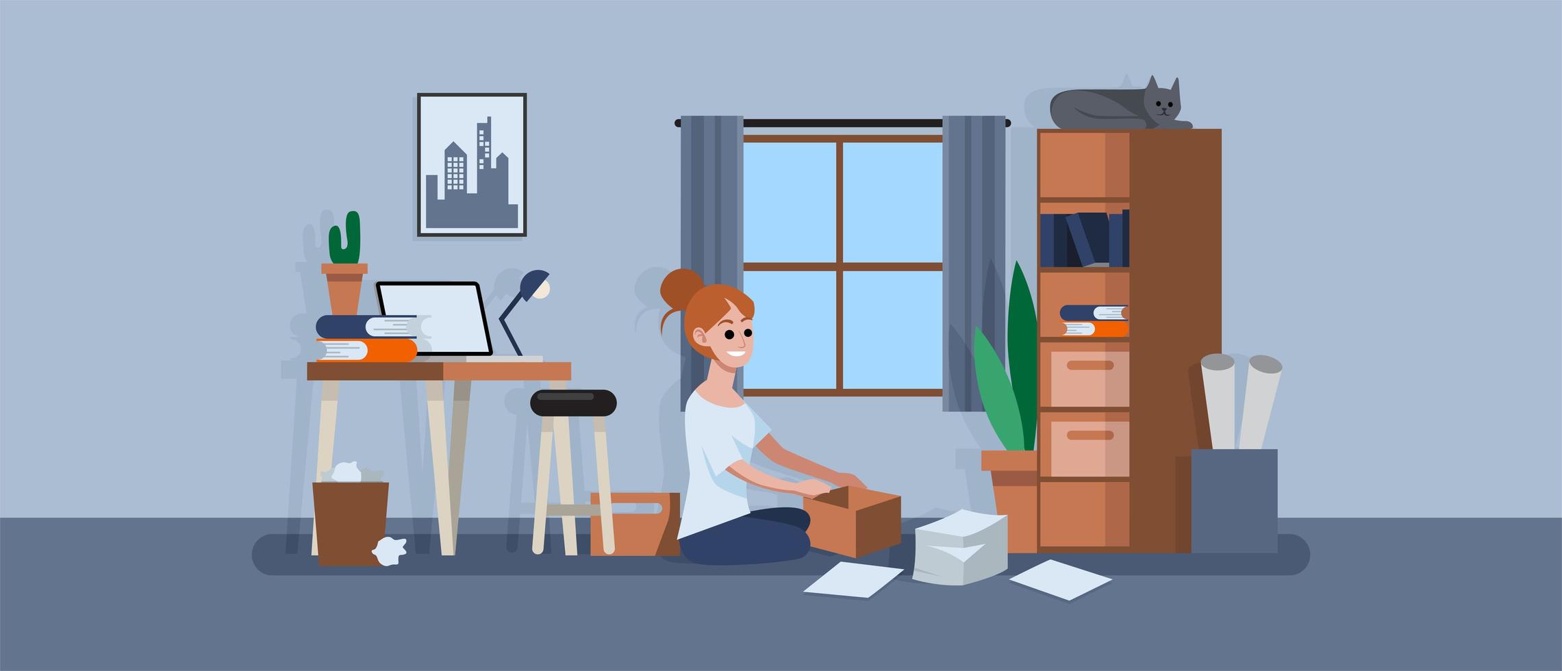 Woman sitting on floor and cleaning workspace vector
