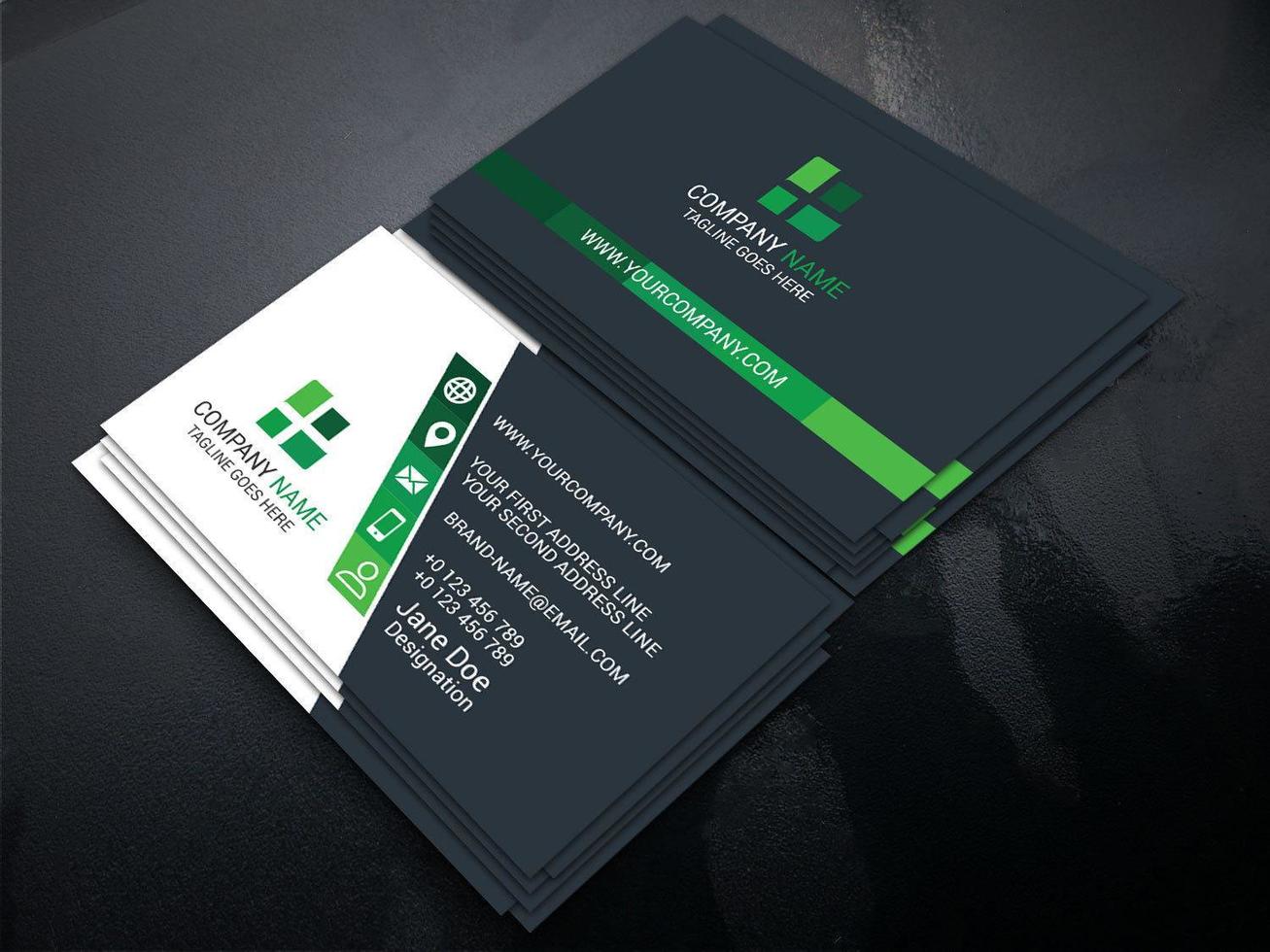 Business card in blue and white with green details vector