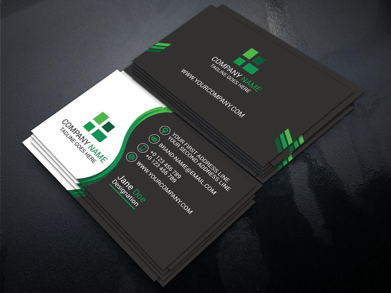 Dark gray and white business card with green accents vector