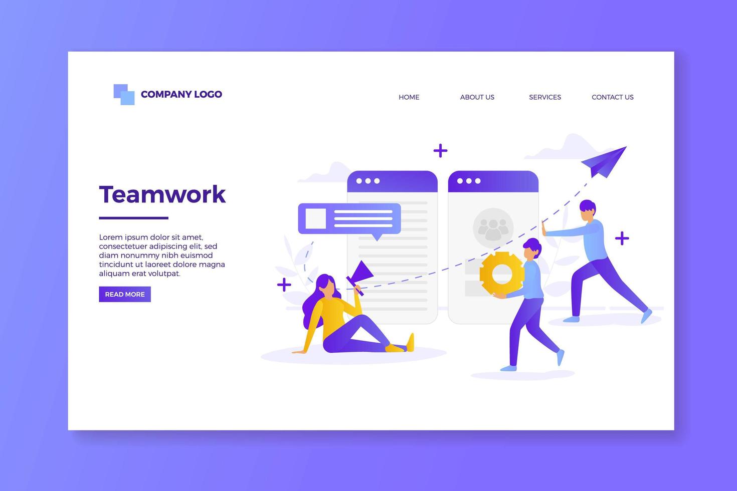 Purple and White Teamwork Landing Page Design vector