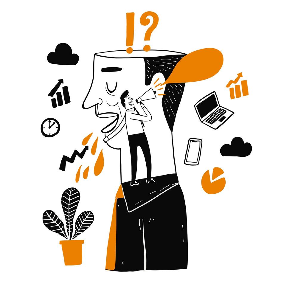 Man using megaphone to talk to another man vector