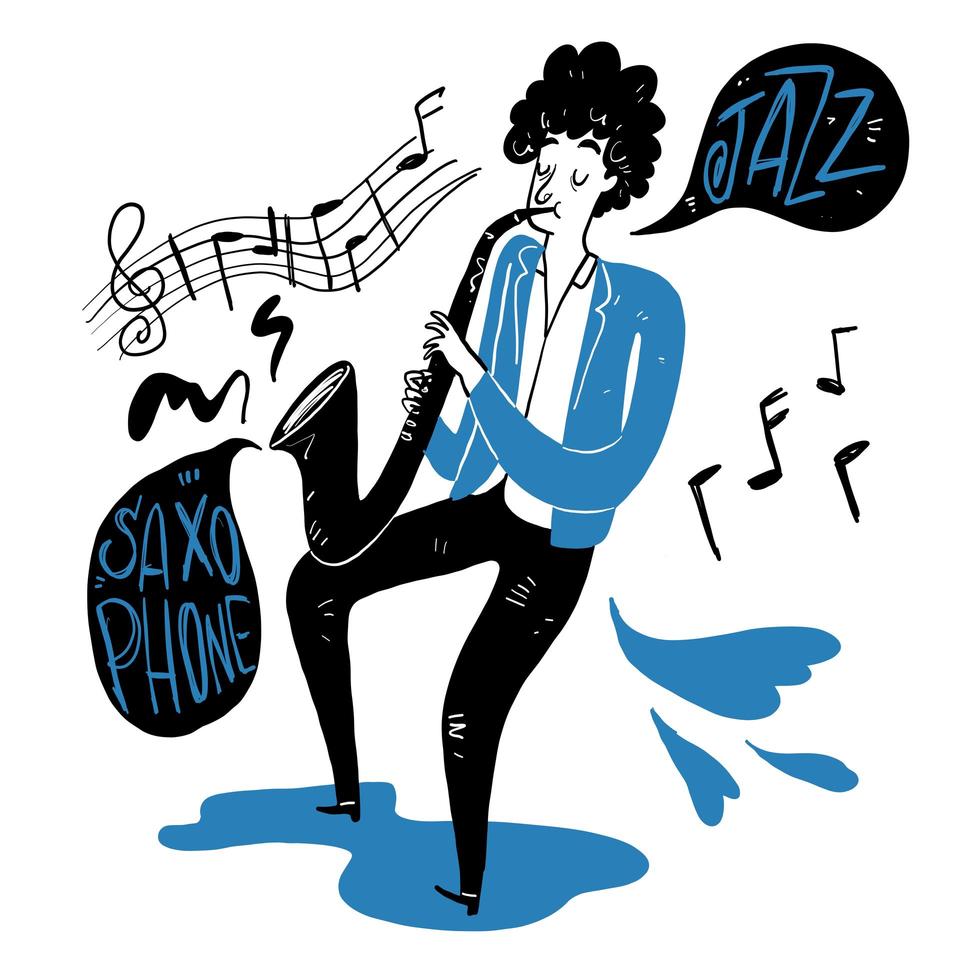 Young man blowing saxophone vector
