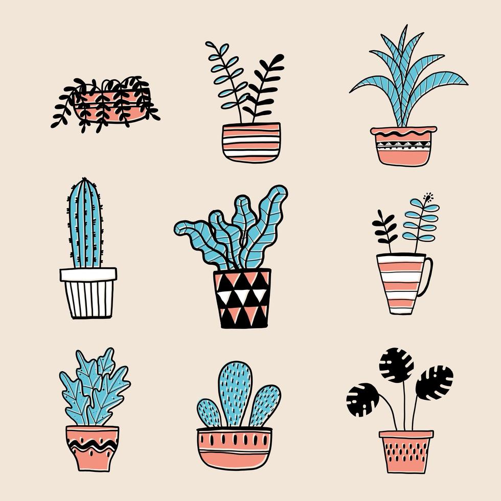 Hand drawn plants in pots vector
