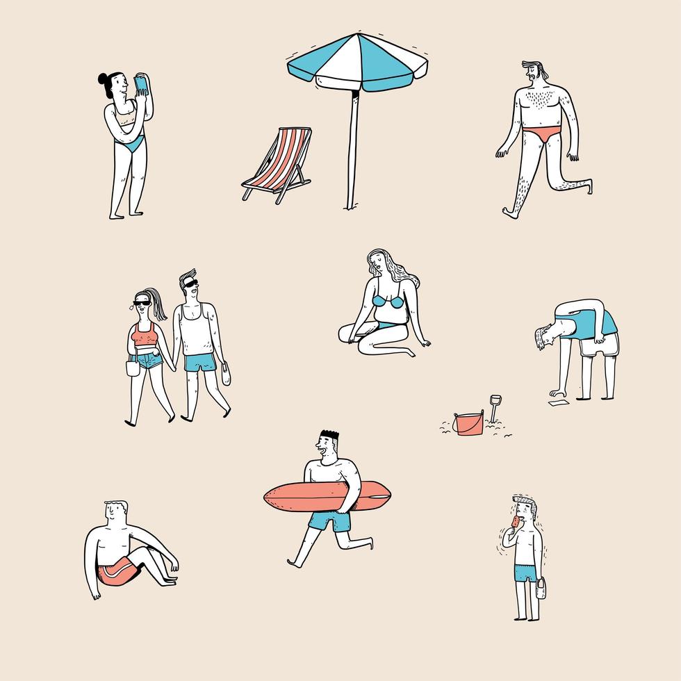 Various postures of people on the beach vector