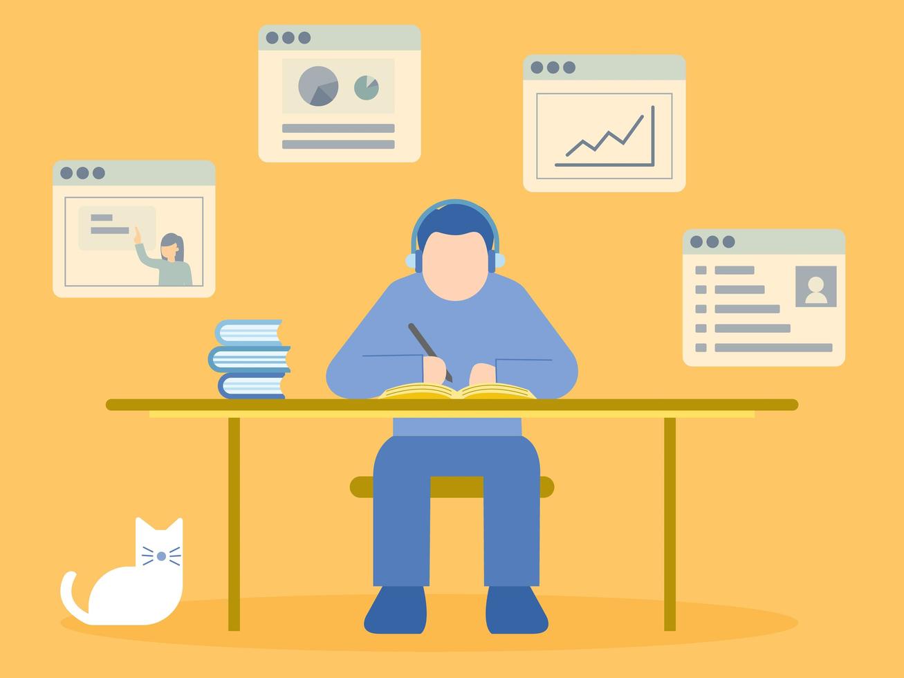 Man Sitting at Desk Learning in Online Course vector