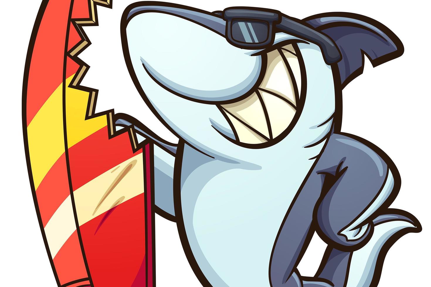 Shark Standing with Surfboard with Bite Taken Out of It vector