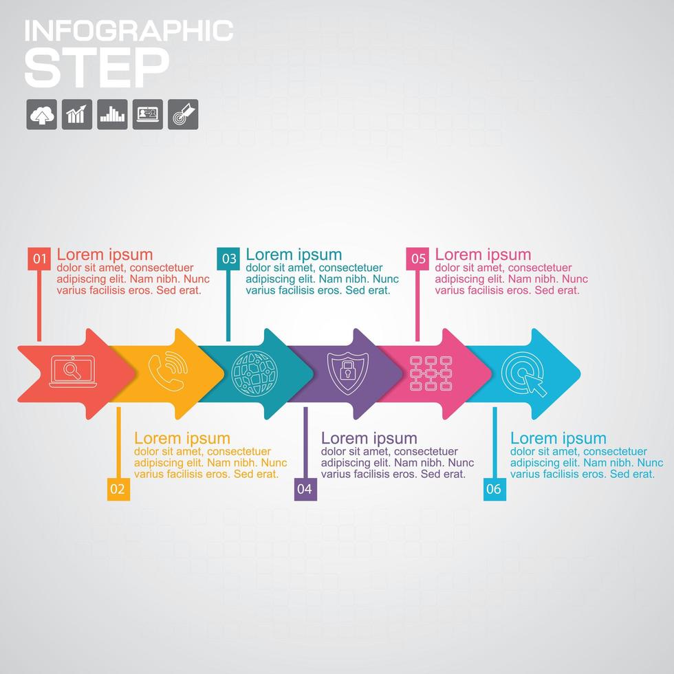 Colorful 6 step arrow timeline infographic vector