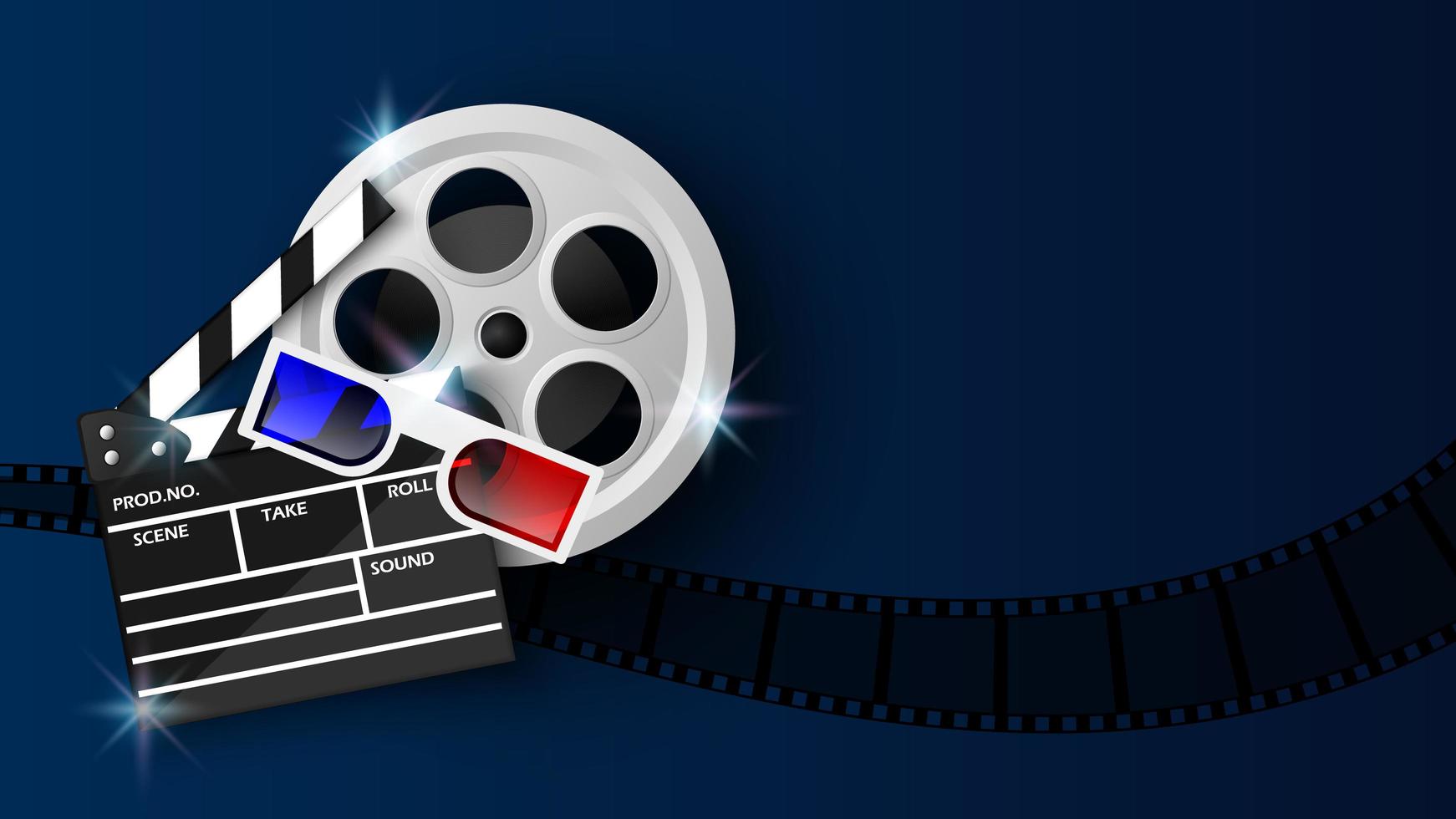 Clapper board, 3D glasses and film reel on blue vector