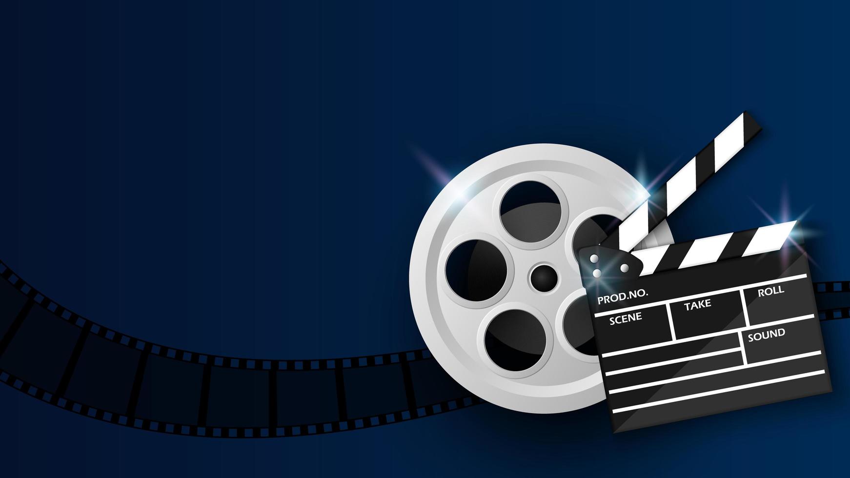 claqueta y carrete de película en azul vector