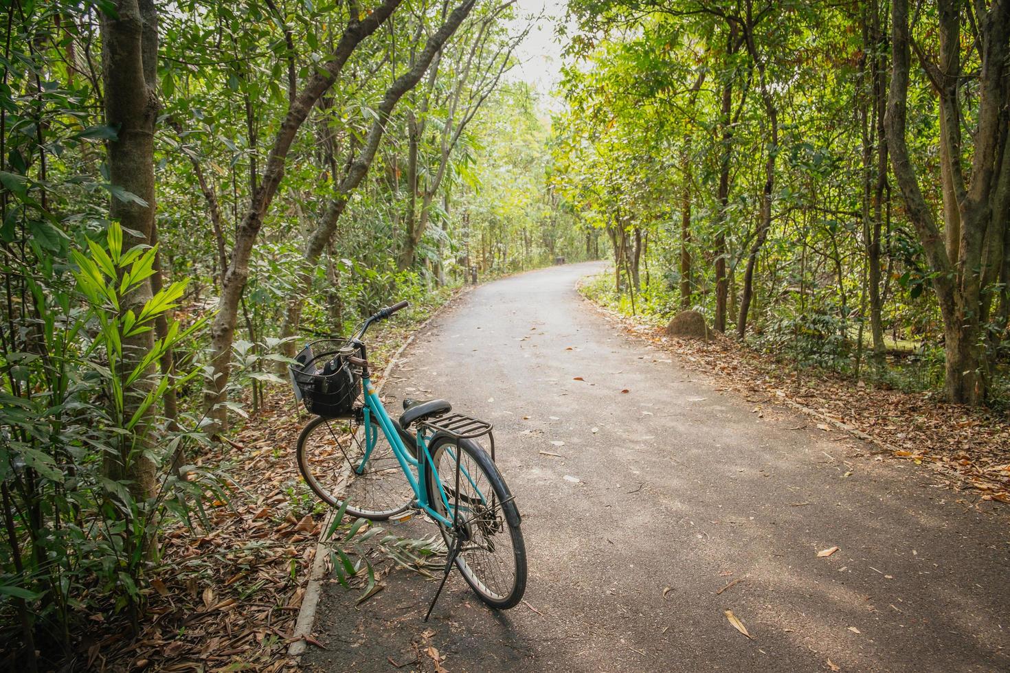 Una bicicleta estacionada en una carretera vacía en el bosque tailandés foto