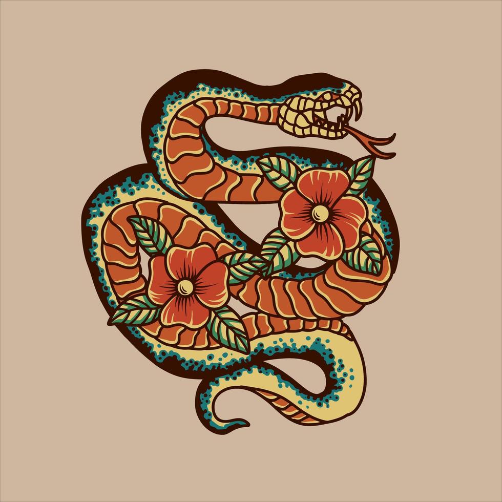 diseño tradicional de tatuaje de serpiente y flores vector