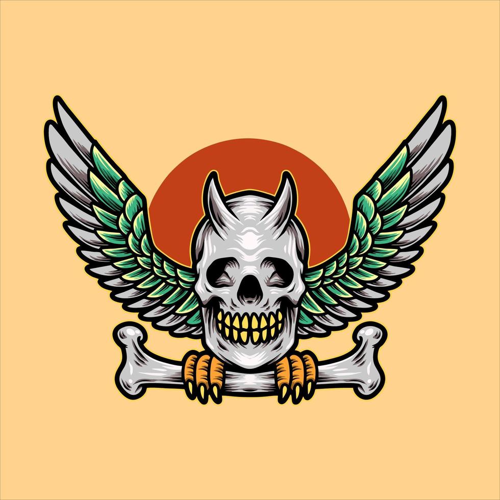 Winged skull perched on bone design vector