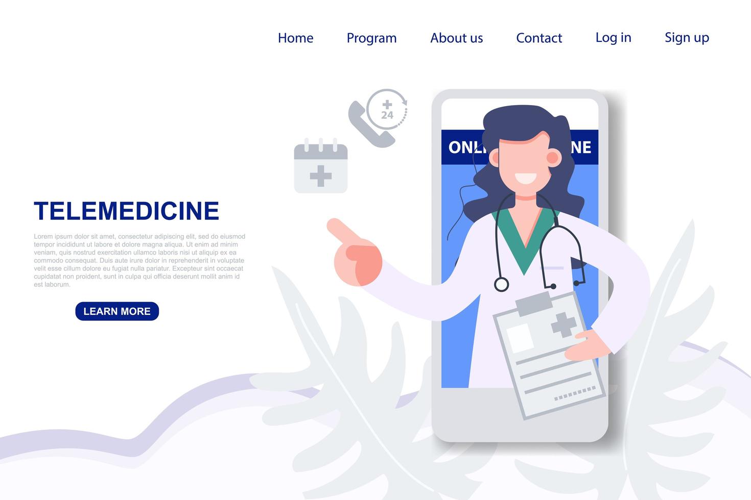 Female doctor consulting on mobile phone landing page vector