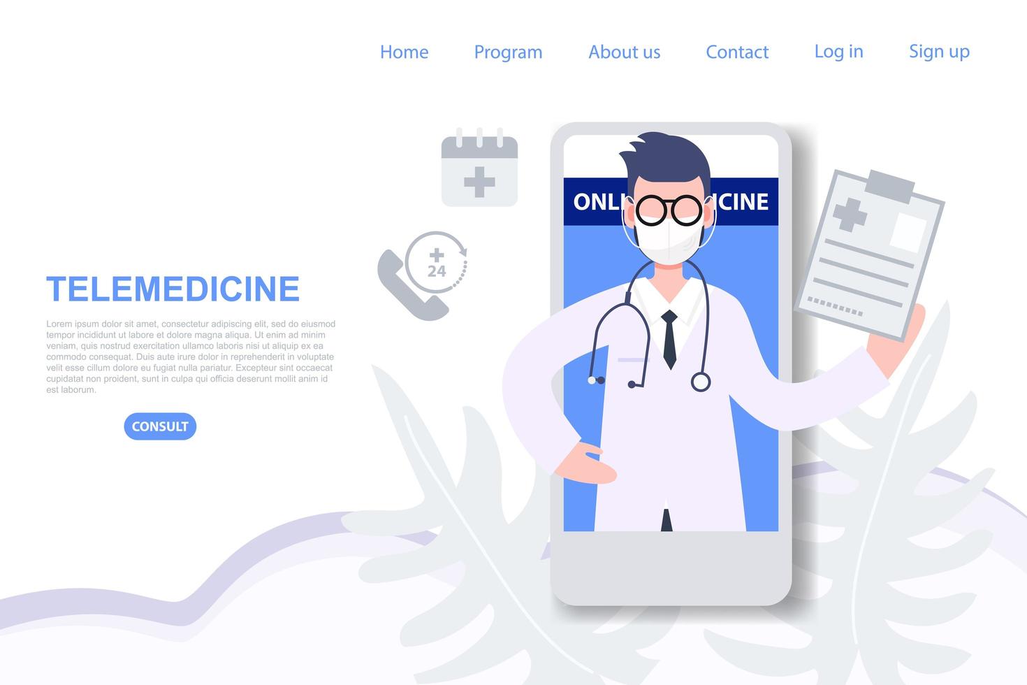 Male doctor consulting on mobile phone landing page vector