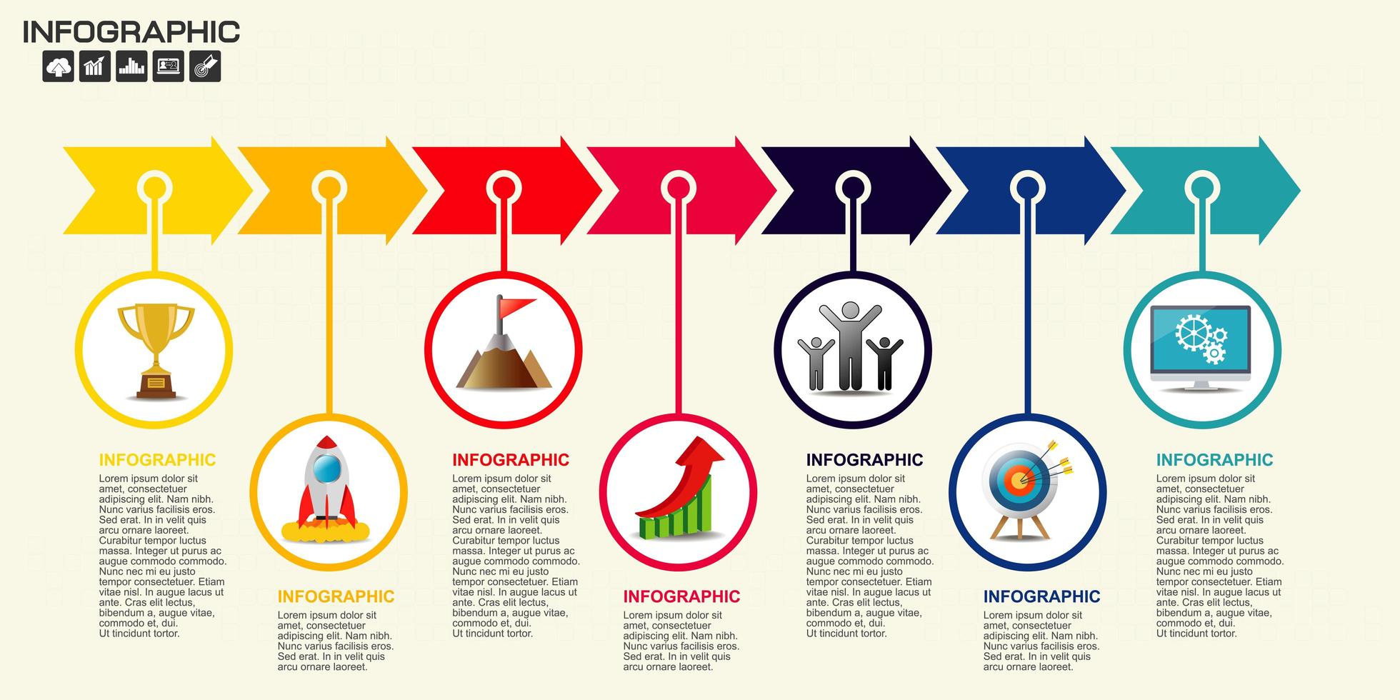 Flat colorful 7 step arrow timeline infographic vector