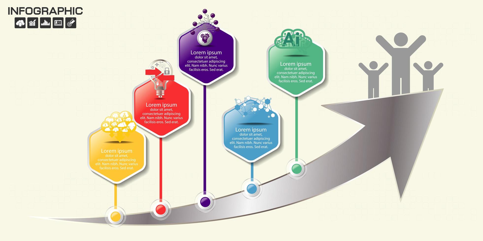 Modern hexagon infographic on metallic arrow vector