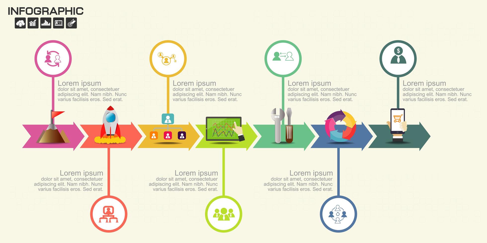 Colorful arrow timeline infographic with icons vector