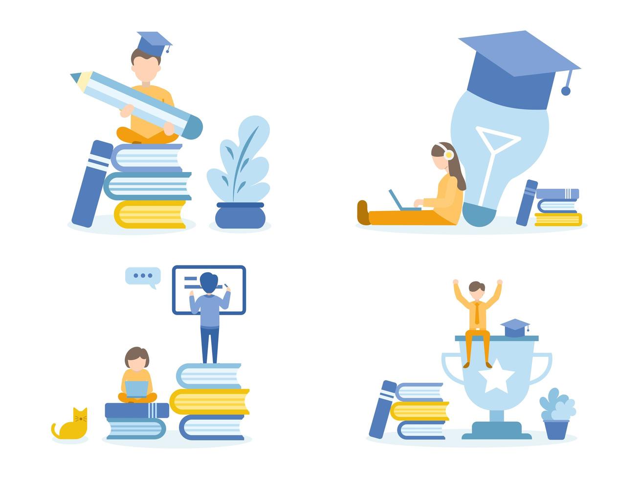 Students Doing Homework with Pencil and Laptop Online Courses vector