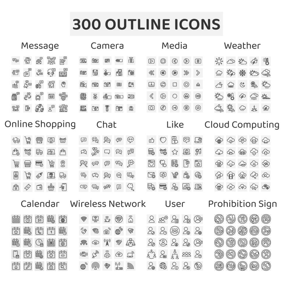 Set of 300 Outline Icons Camera, Weather and More vector