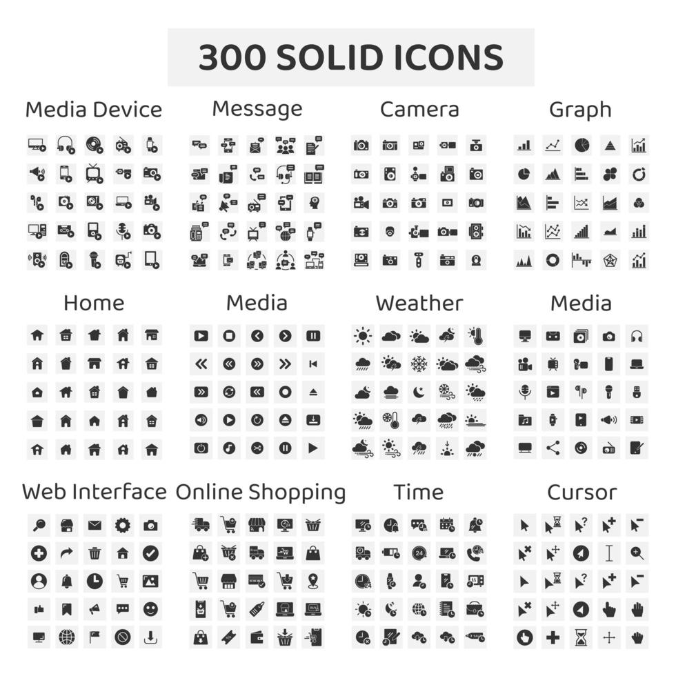 Set of 300 Solid Icons Media Device, Message and More vector