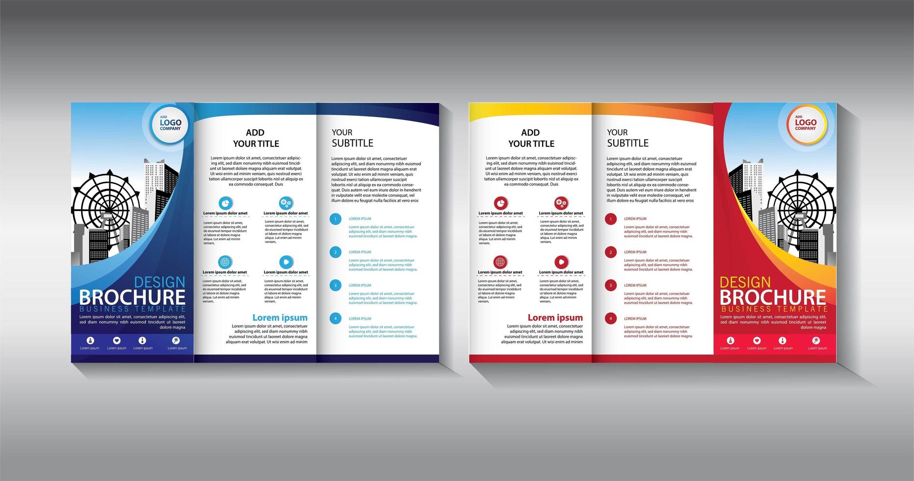 Trifold orange and blue business brochure template vector