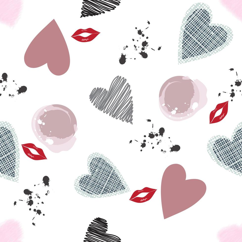 patrón romántico con forma de corazón y labios vector