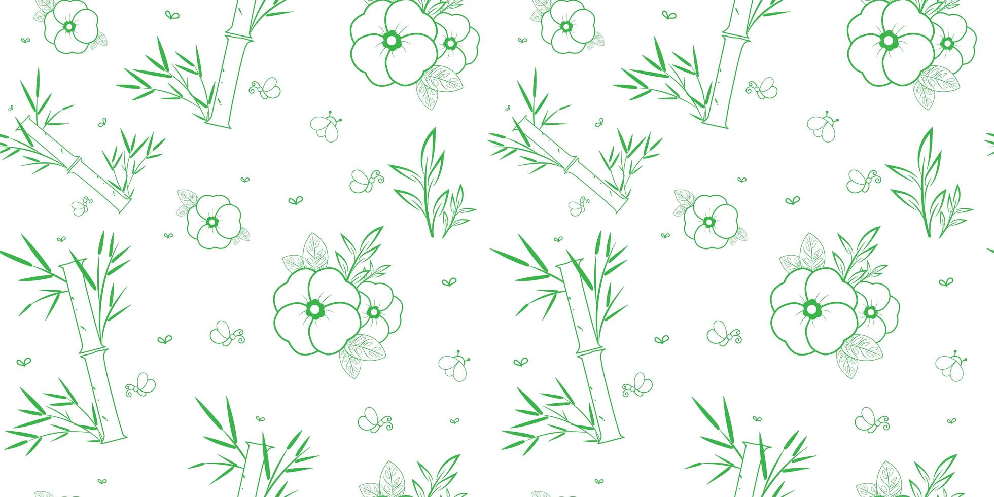 Green and white bamboo and flowers seamless pattern vector