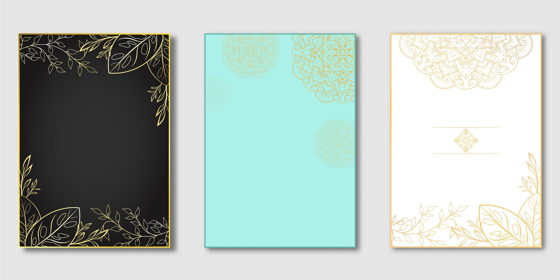 Botanical gold design on black, blue and white covers vector