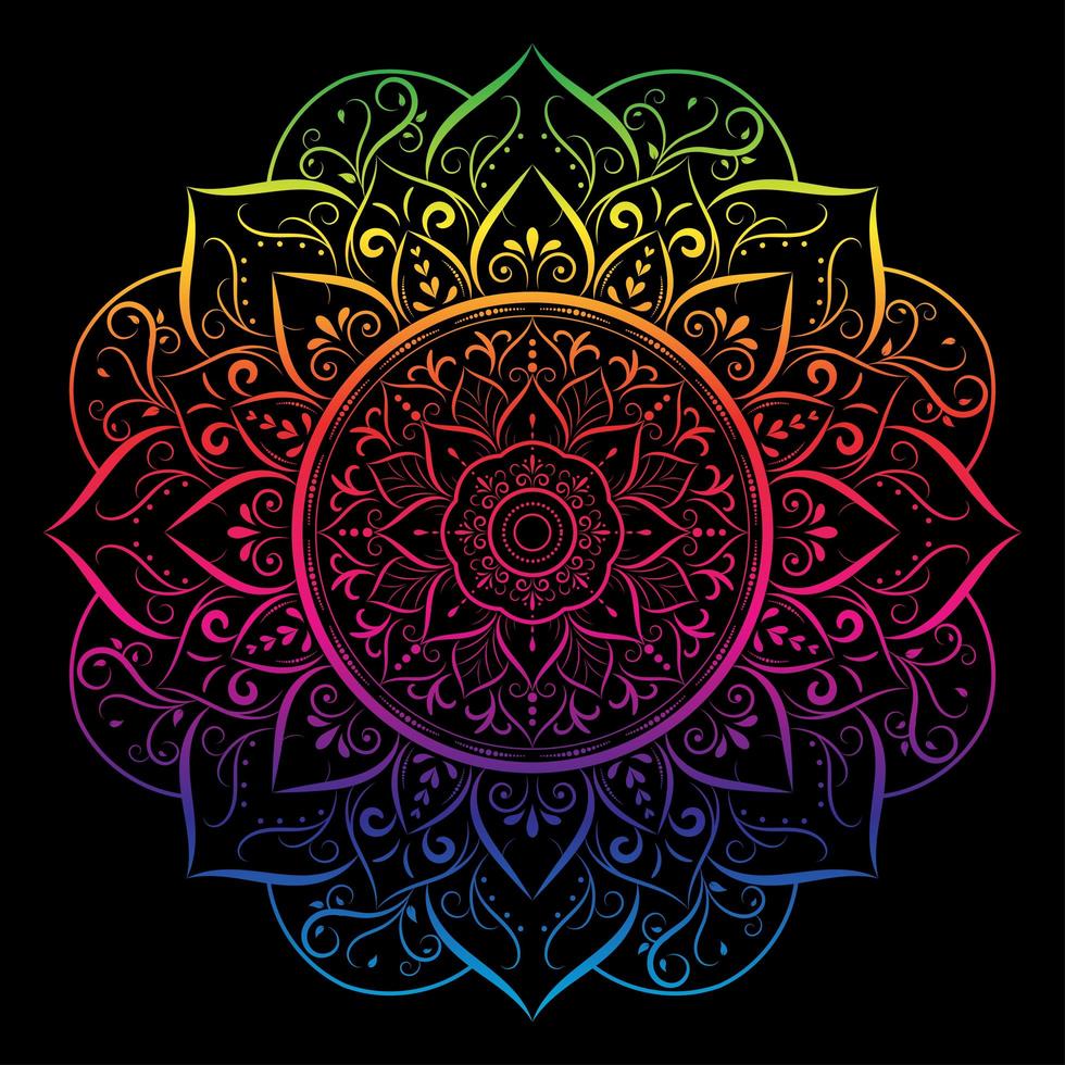Rainbow gradient floral mandala on black vector