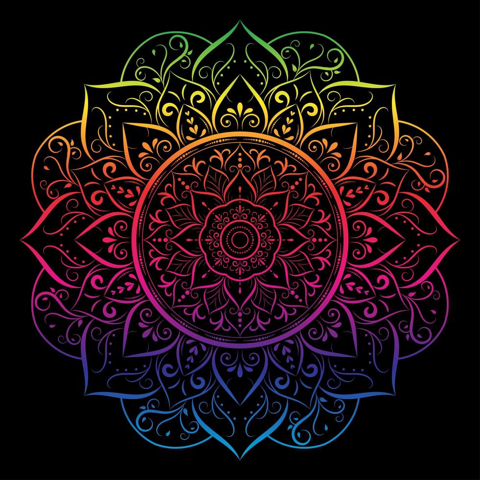 Rainbow gradient floral mandala on black vector