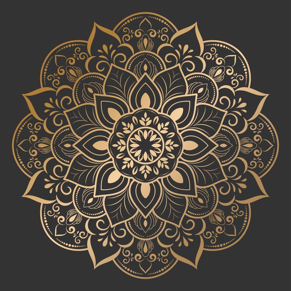 hermosa flor dorada mandala en negro vector