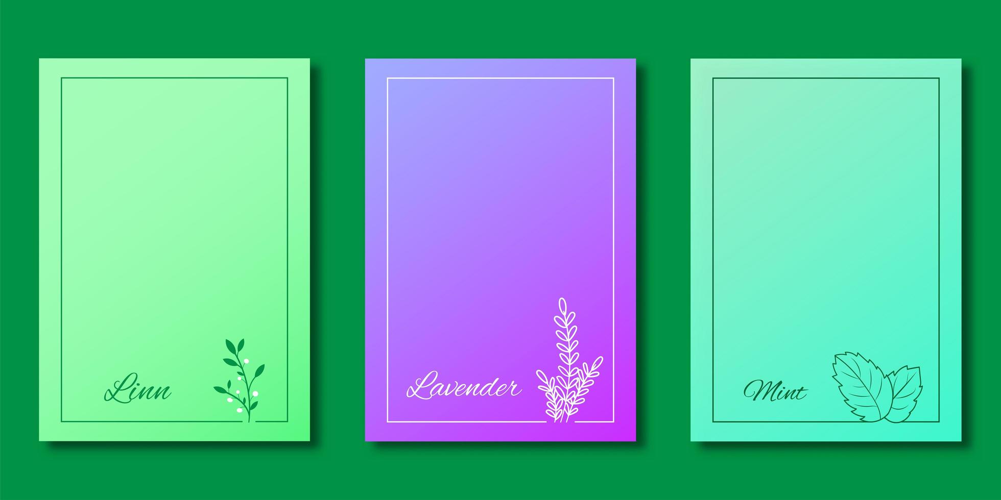 lavanda, menta linn, conjunto de cubierta de degradado de marco de árbol vector