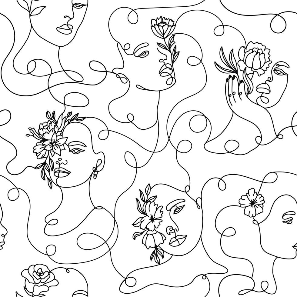 One line drawing abstract face seamless pattern vector