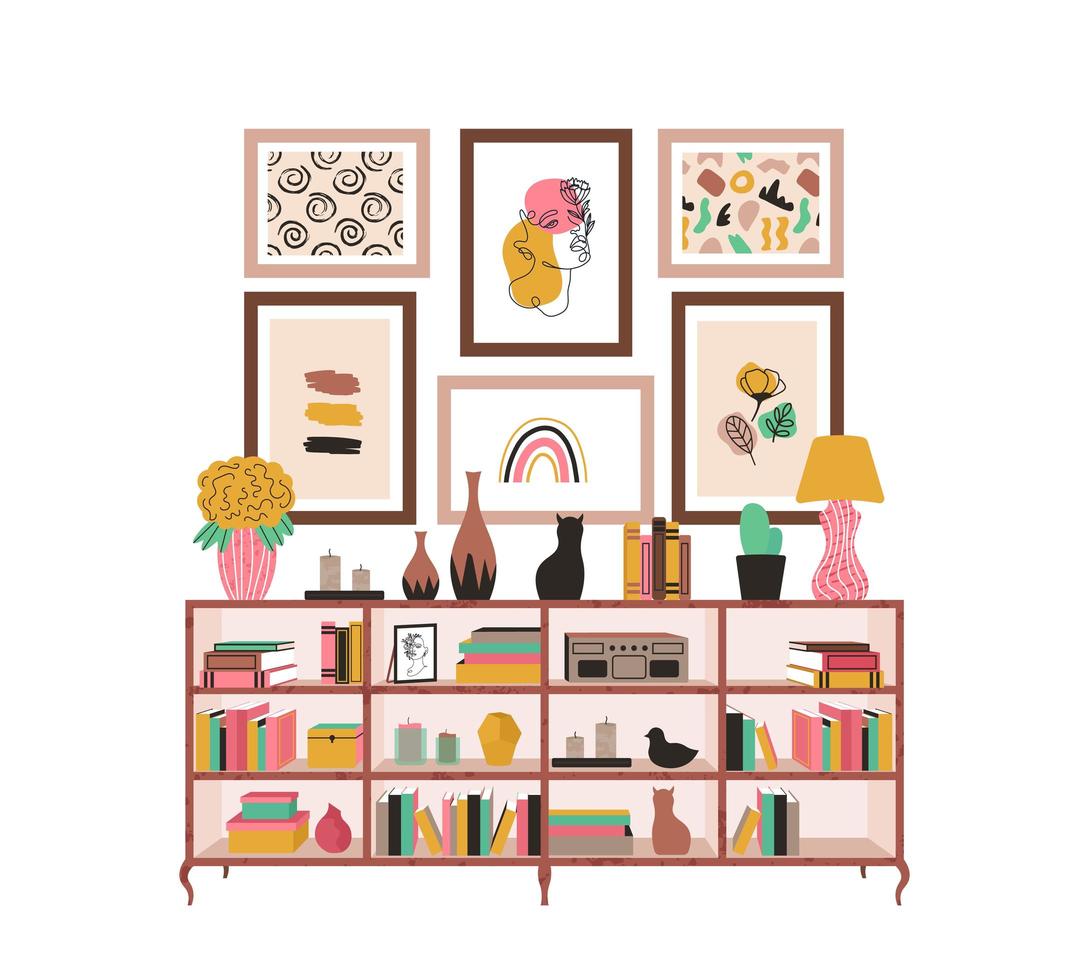 Scandinavian bookcase with books and houseplants vector