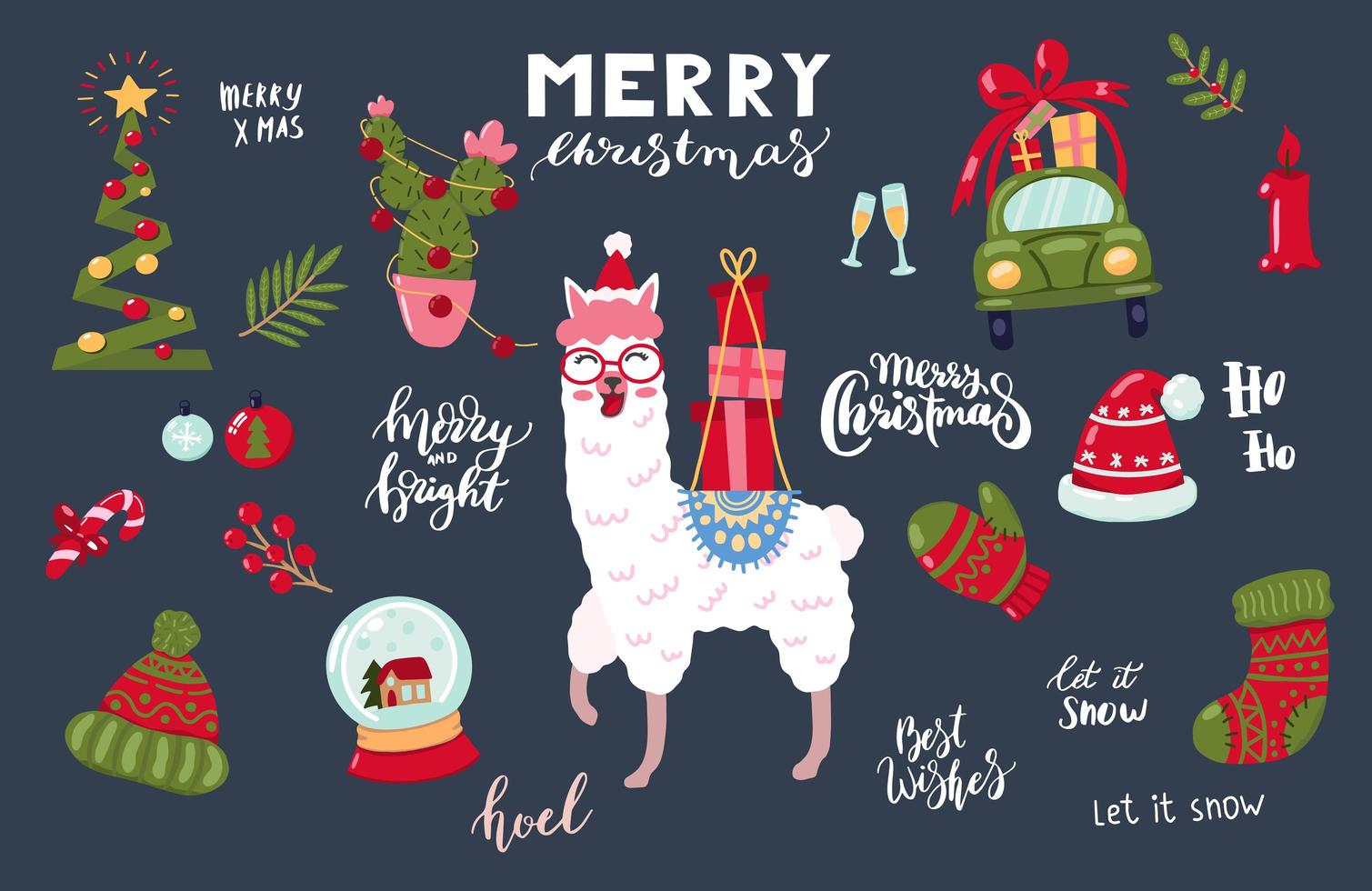 Dibujado a mano llama de Navidad y conjunto de artículos vector