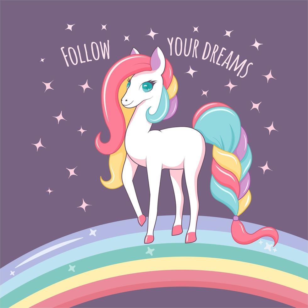 Unicorn with rainbow and follow your dreams text vector