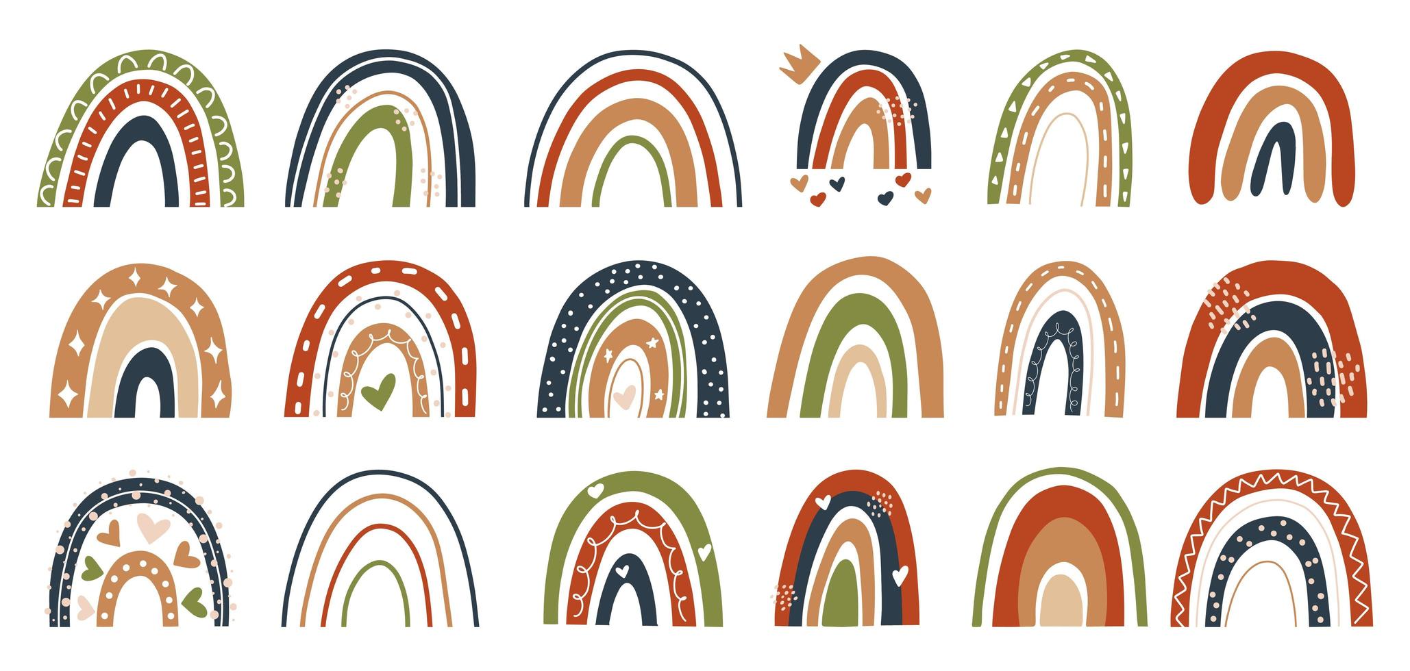 Scandinavian style hand drawn rainbowsbrown,red,green, vector