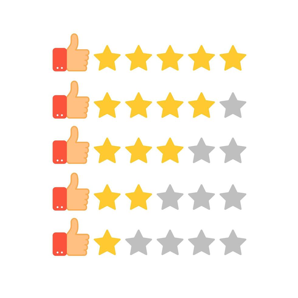 Thumb up and golden stars rating set vector