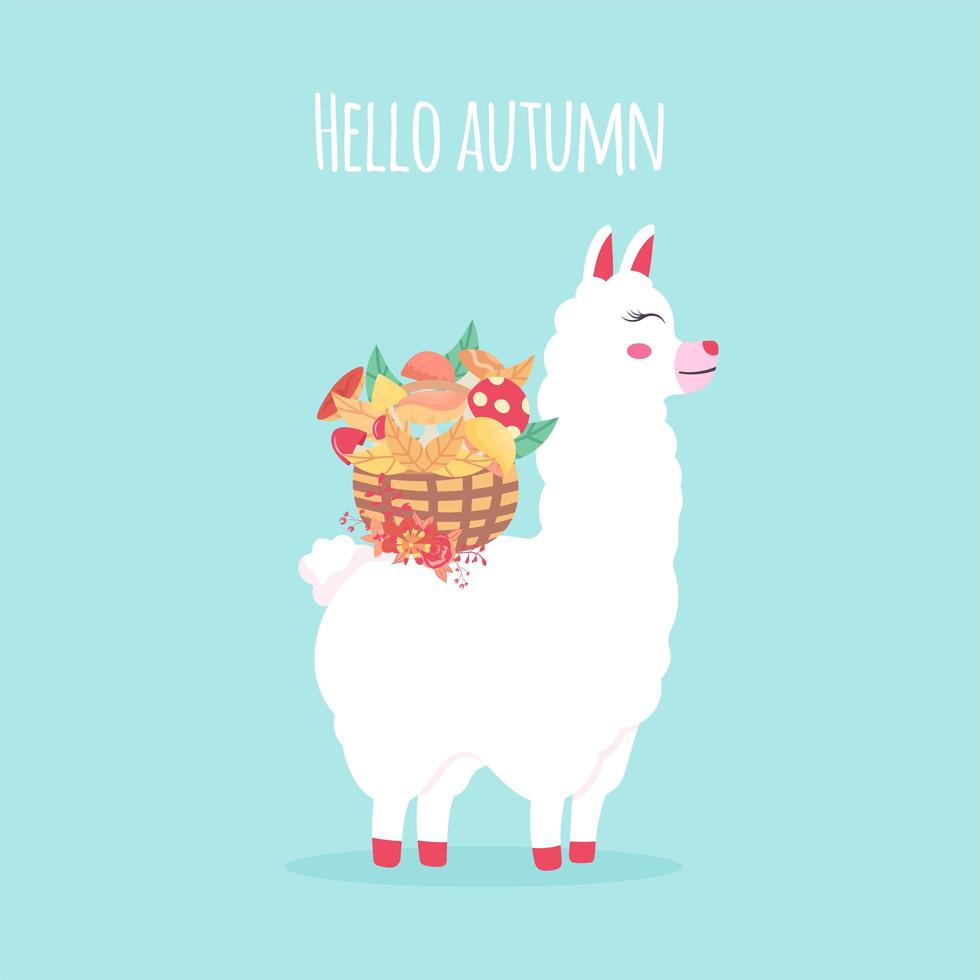 Cute llama, alpaca with flower and wicker basket vector