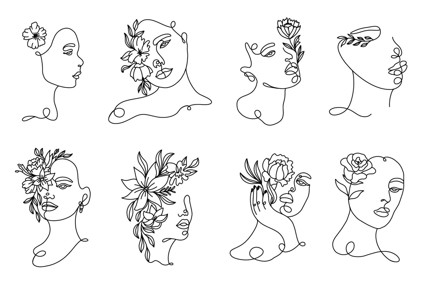 Hand drawn linear woman portraits set vector