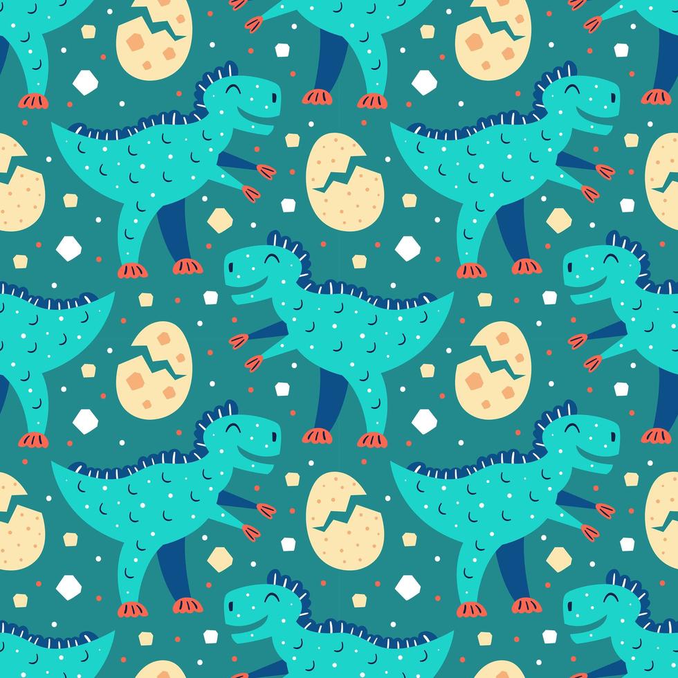 Little cute blue t-rex and eggs seamless pattern vector