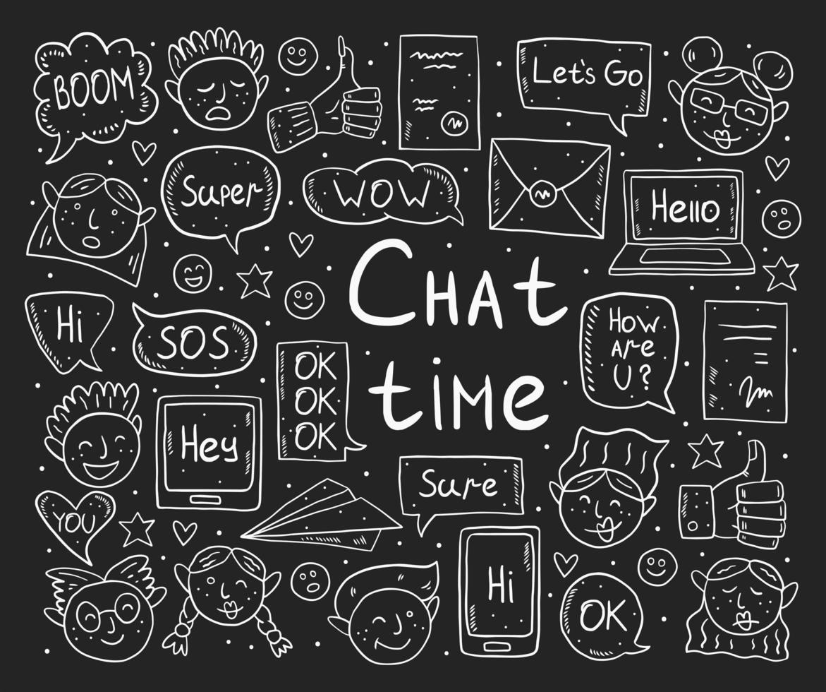 Chat time chalk drawing doodle set vector