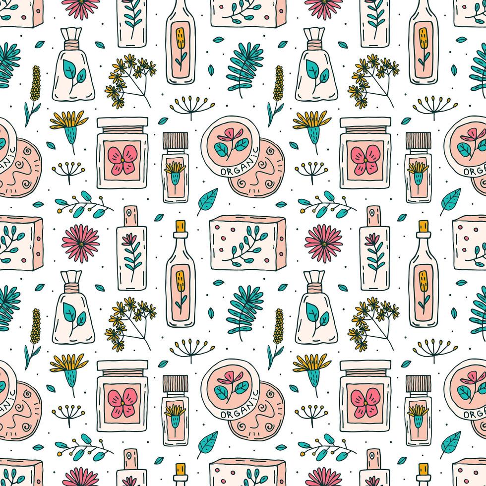 Organic cosmetics hand drawn doodle seamless pattern vector