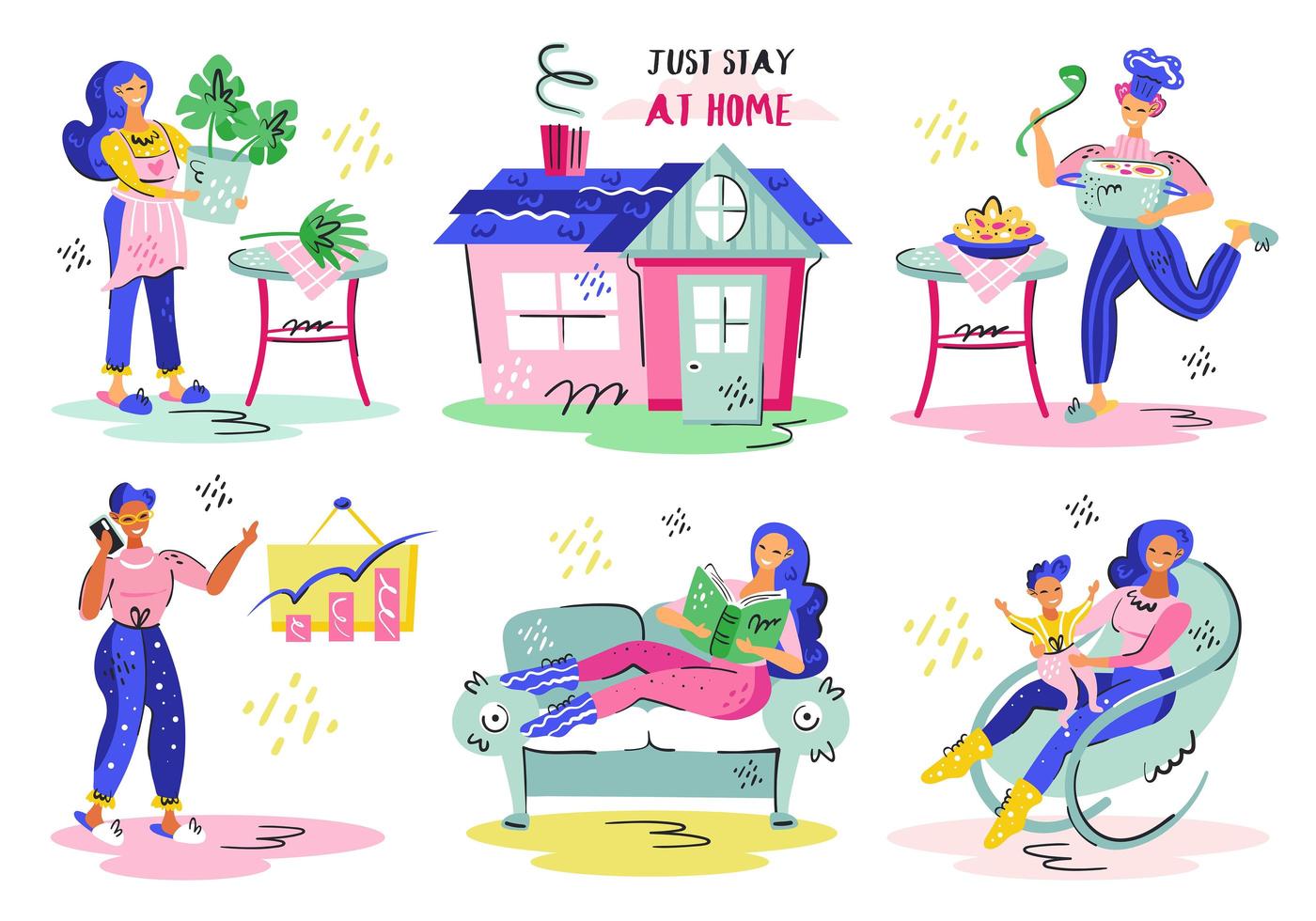 Just stay at home hand drawn set vector