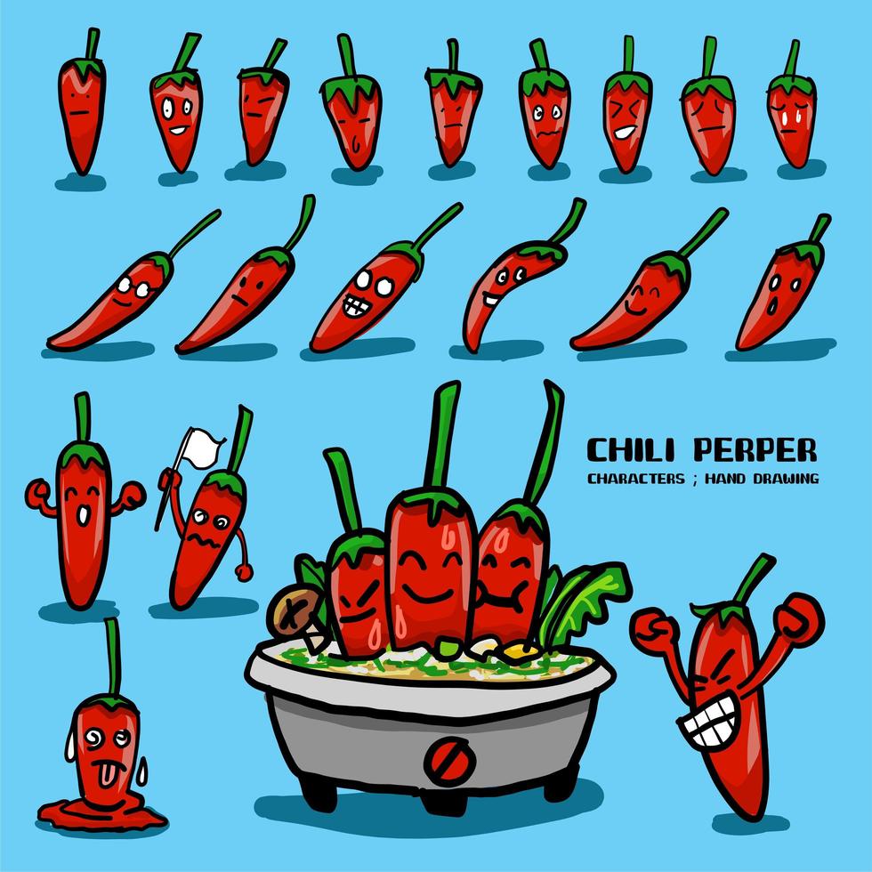 Chili pepper character drawing set vector